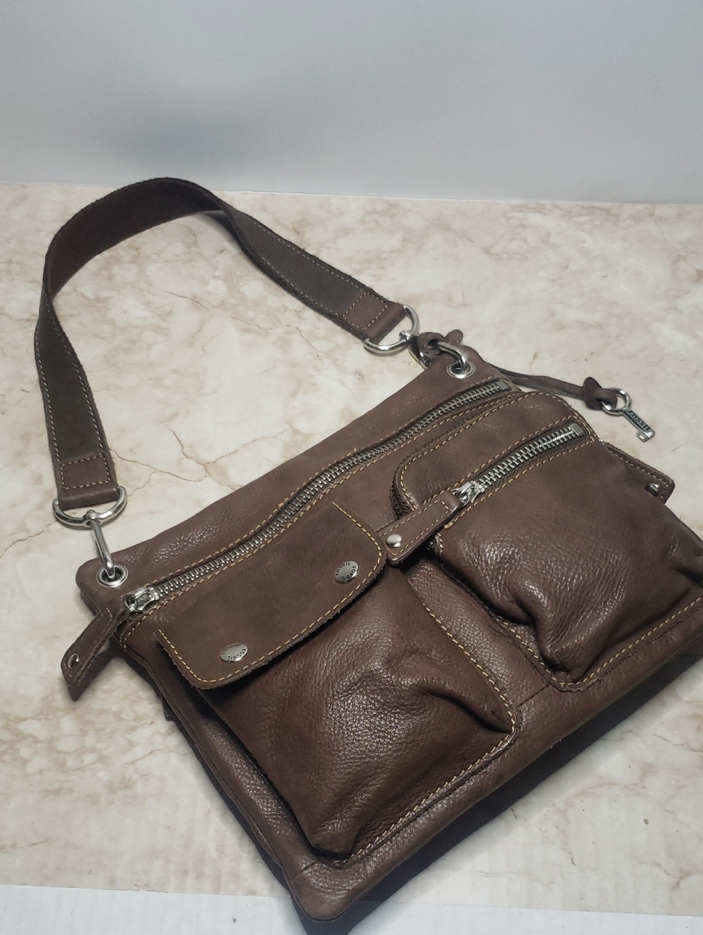 Fossil Brown Pebble Leather Multipocket Shoulder Bag